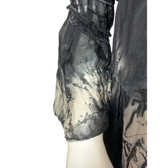 Tempo Paris Top M/L Black White Tie Dyed Long Sleeve Silk Italy Bell Sleeves - Picture 14 of 14